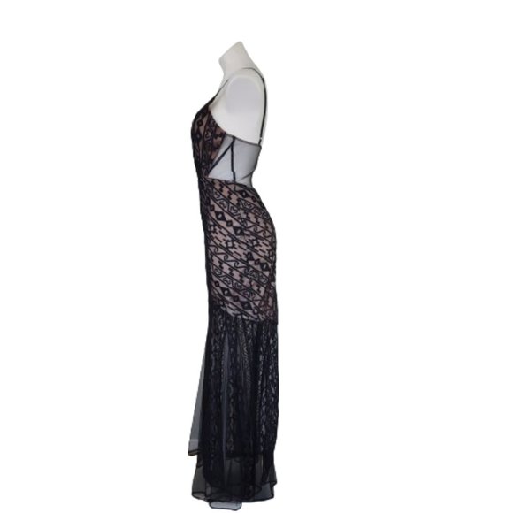 Luxxel Floor length Body Con Low cut, Sheer Evening Gown, Black, Small - Picture 4 of 16